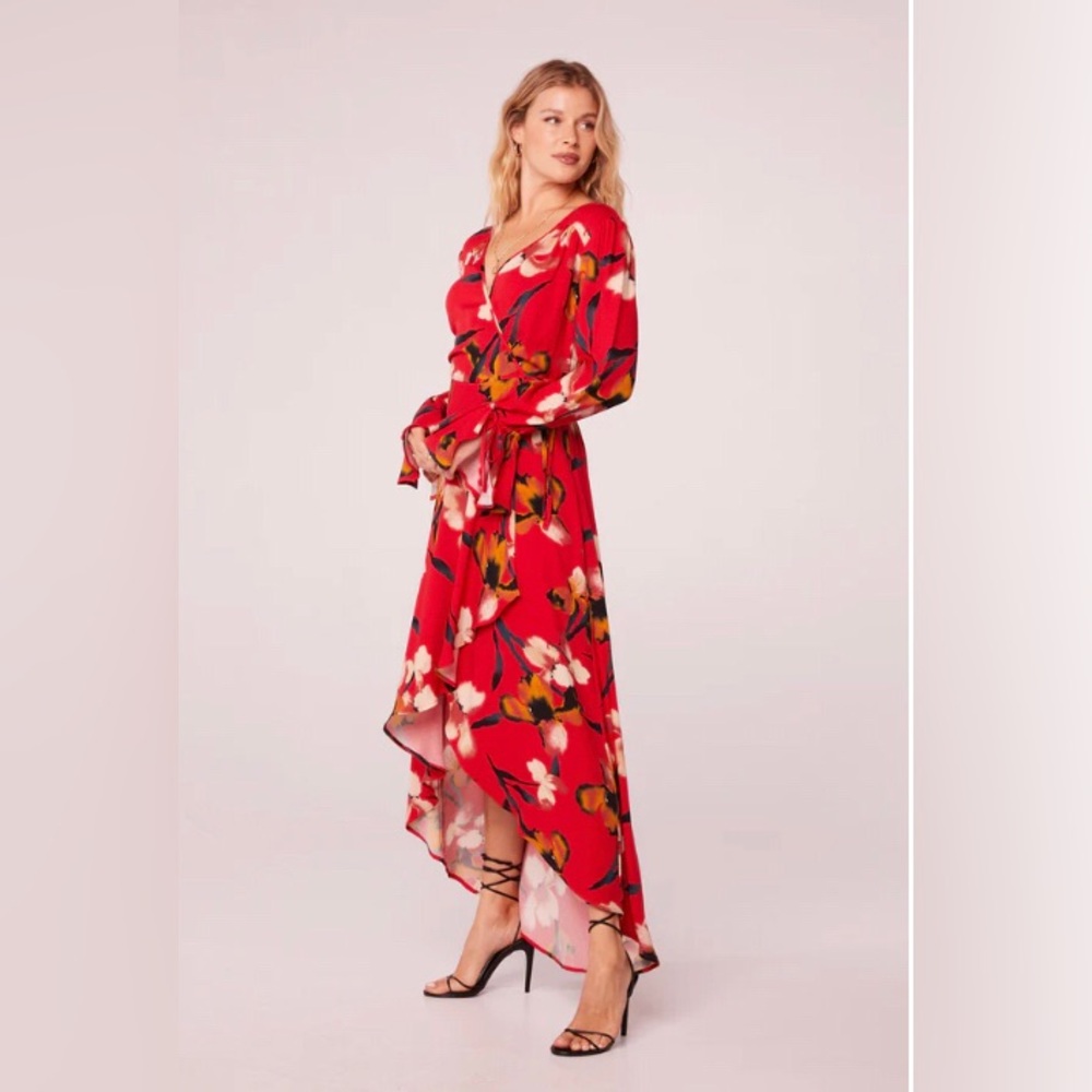 🔥🔥 Band of Gypsies Polly Red Floral Faux Rap Maxi Dress | NWT